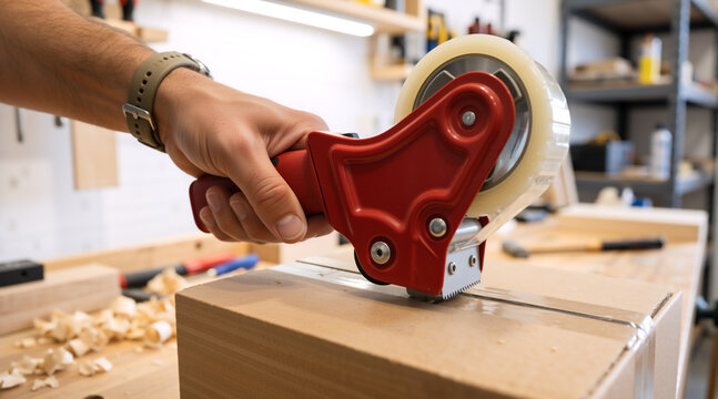 Hand using a red tape dispenser to seal a cardboard box. Person packing a package on a wooden workbench in a workshop. Shipping and logistics concept