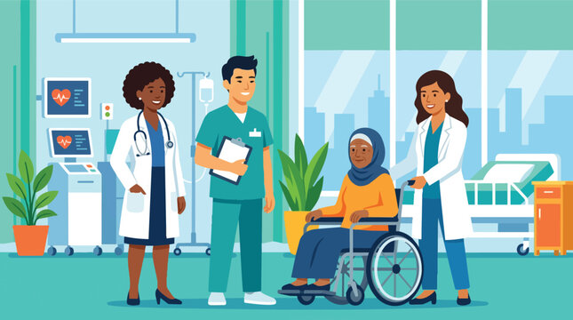 Diverse medical team assisting a senior patient in a modern hospital room with wheelchair
