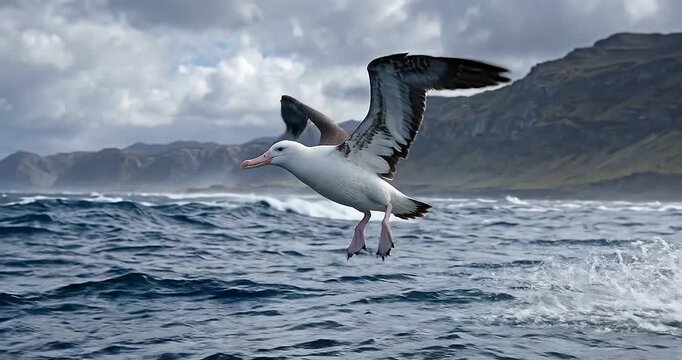 Albatross seabird flight above ocean wave near rugged coastline mountain under cloudy sky, white bird wildlife in dramatic nature seascape, wide wingspan gliding over sea spray habitat