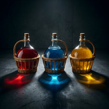 Three glass demijohns casting colorful shadows on dark concrete