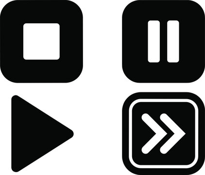 Media player button vector icon set with solid play triangle stop square pause bars and fast forward chevron symbols