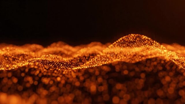 Abstract digital landscape with glowing orange particles forming a dynamic wave pattern