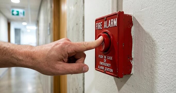Fire alarm emergency alert warning evacuation safety hand finger pressing red emergency button on corridor wall inside building, workplace fire prevention equipment activation concept with copy space