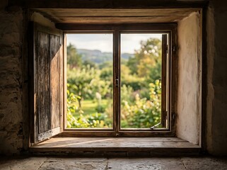 Fototapeta premium View through an open rustic wooden window to a lush sunny garden