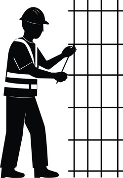 Professional steel fixer tying metal rebar mesh for concrete reinforcement, isolated on white background
