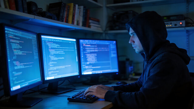 Person coding on multiple computer screens