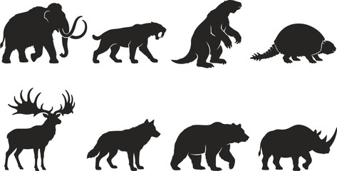 Obraz premium Prehistoric Animal Silhouette Collection Featuring Woolly Mammoth Saber Tooth Cat Giant Sloth and Rhino