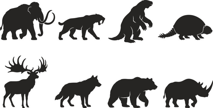 Prehistoric Animal Silhouette Collection Featuring Woolly Mammoth Saber Tooth Cat Giant Sloth and Rhino