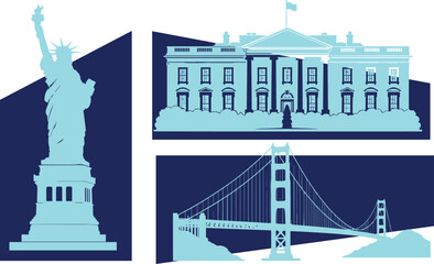 Obraz premium Iconic American Landmarks Statue of Liberty White House Golden Gate Bridge