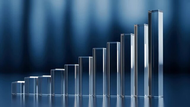 Strategic navigation glass bar chart blue growth data finance analysis rising column display for business planning and progress