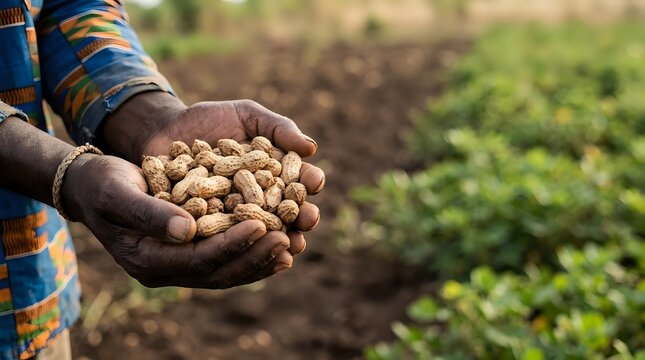 Farmer holding harvested peanuts in hands over agricultural field during crop season for farming and agriculture industry use.