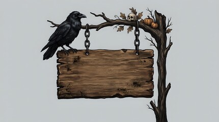 Naklejka premium Dark crow perched on gnarled branch holding wooden sign suspended by chains, isolated on neutral background for design projects and creative compositions.