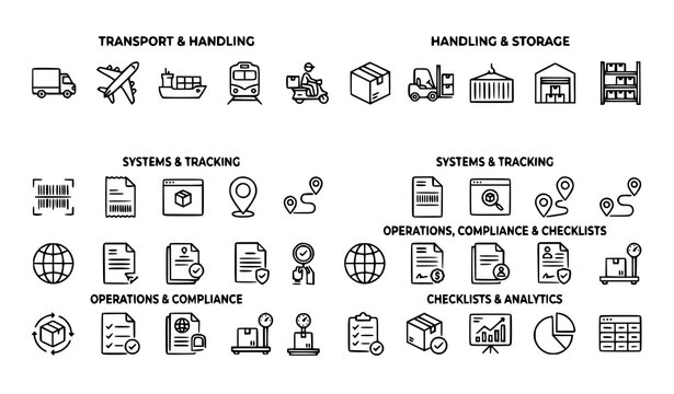 Thin Line Logistics Icons Set Featuring Shipping Parcel Tracking Warehouse and Global Trade Systems