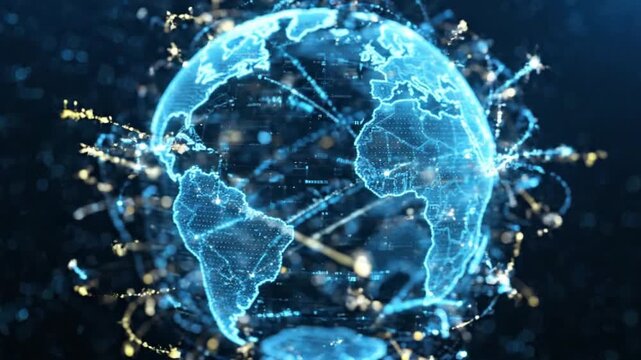 Digital globe with interconnected lines representing global communication and technology