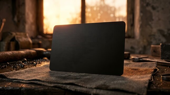 Black textured card on rustic workbench with tools and window light