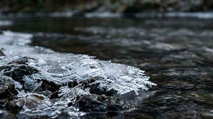 Fototapeta premium Sharp ice crystals forming on river bank rocks in a cold winter forest