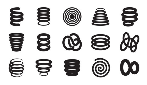Set of various industrial spring icons featuring different spiral coil mechanical components.