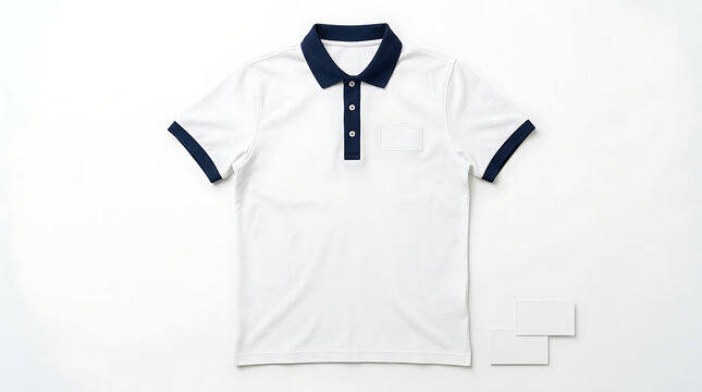 Polo shirt with a crisp white finish and navy blue collar accents lies flat for a commercial mockup.