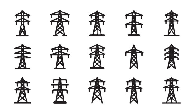 Set of electric pylon icons for power transmission line infrastructure design templates.