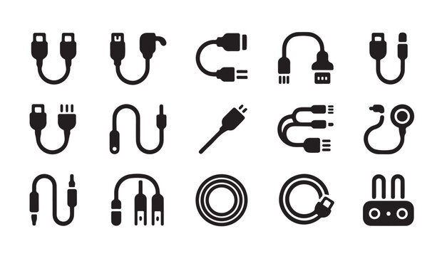 Set of cable and connector icons featuring various connection types for modern electronics.