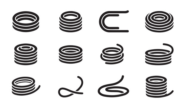 Industrial collection of coiled wire and cable icons showing different winding patterns.