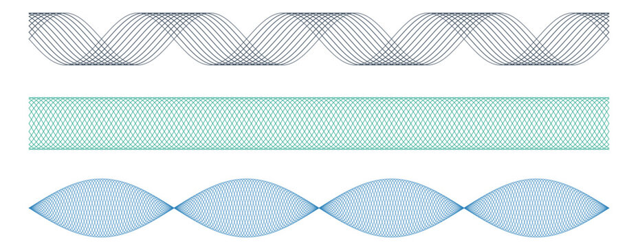 Decorative Geometric Seamless Borders Featuring Elegant Algorithmic Wave Patterns and Mathematical Vector Line Art on White Background