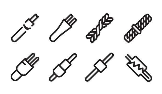 Set of various cable and cord connection plug icons in thin line design for electronics.