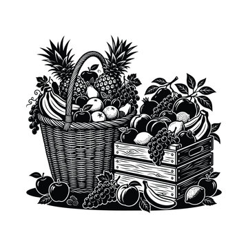 Fresh tropical fruits in wicker basket and wooden crate vector illustration organic harvest scene