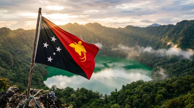 The Flag of Papua New Guinea Flying Proudly on Independence Day Over a Scenic Crater Lake