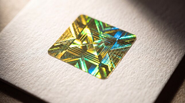 Abstract holographic security foil patch on premium textured paper