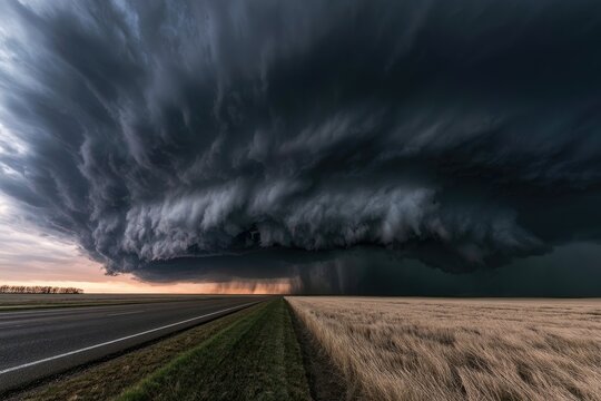 Dramatic Supercell Thunderstorm Approaching Over Rural Landscape.