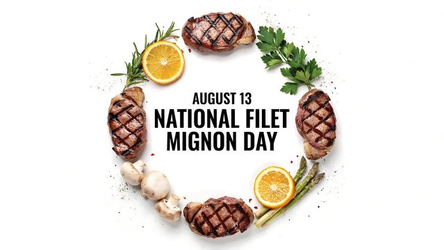 National filet mignon day august 13th food banner with grilled steaks and vegetable garnish filetmignon delicious