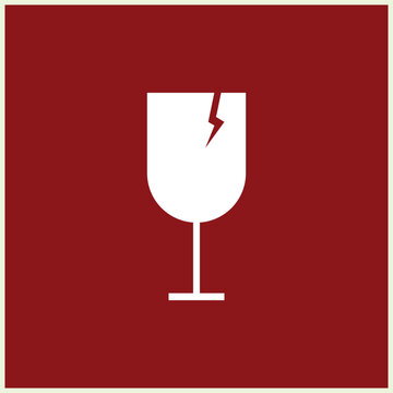 Premium minimalist cargo shipping label featuring a white broken fragile wine glass silhouette on a red background. Ideal for packaging boxes, delivery warning stickers, and logistics branding.