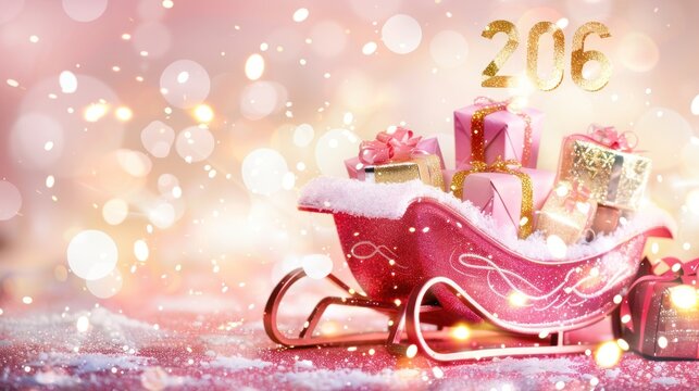 Pink Sleigh Filled with Presents and Gold Number 206 for Christmas Celebration