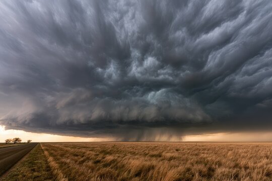 Dramatic Supercell Thunderstorm Approaching Over Golden Wheat Field.