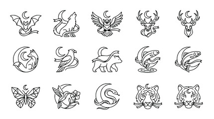 Fototapeta premium Esoteric Animal Moon Icons: Bat, Wolf, Owl, Deer, Fox, Eagle, Bear, Fish, Butterfly, Hummingbird, Snake, Tiger