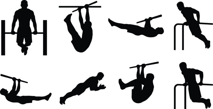Male athlete calisthenics and street workout exercises black silhouette vector set featuring horizontal and parallel bars