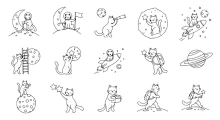 Fototapeta premium Cute Cat Astronauts Adventures in Space - Set of Hand-Drawn Illustrations