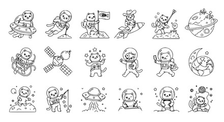 Cute Cartoon Cats in Space Adventures: Astronauts, Rockets, Planets, UFOs - Line Art Set © Fajar