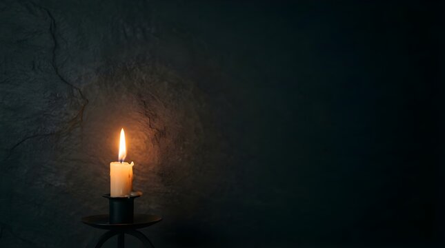 Single lit candle on a dark rustic stone background for spa and meditation