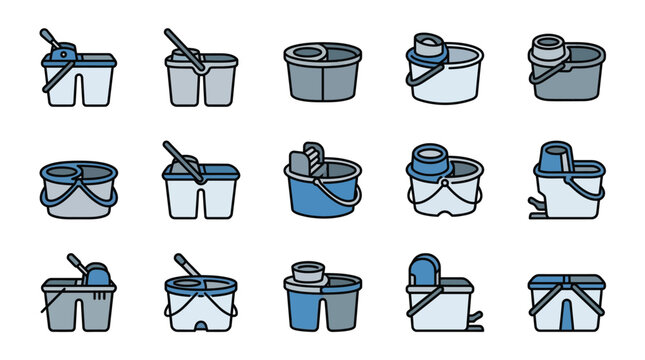 A collection of fifteen colorful flat vector icons depicting various cleaning buckets and mops.