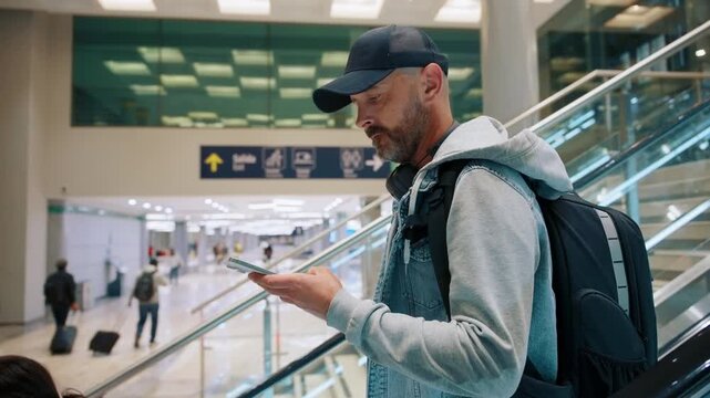 Bearded man wearing cap, gray hoodie, and denim vest checks smartphone while riding escalator in modern airport terminal with glass architecture, directional signs, and travelers walking below.