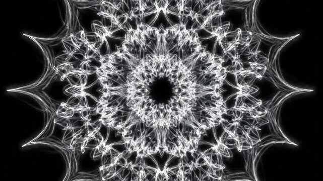 Abstract fractal snowflake design with intricate glowing patterns on black background