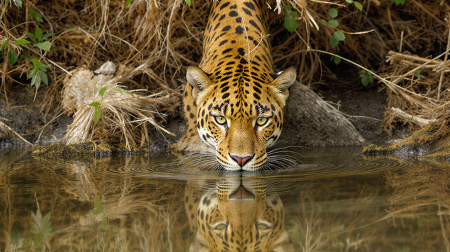 Jaguar bebendo &aacute;gua no pantanal