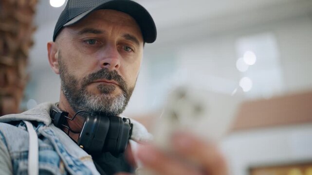 Middle-aged bearded man wearing black cap and ear protection muffs around his neck carefully inspects silver revolver handgun at indoor shooting range with focused expression.