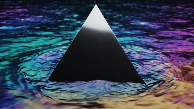 Abstract metallic pyramid floating on colorful water surface with vibrant reflections