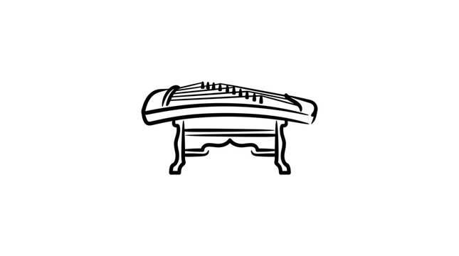 Traditional Chinese Guzheng Instrument on Stand, Black and White Line Art