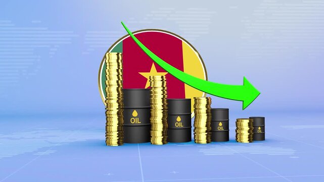 Cameroon Oil Prices Decline with Oil Barrels, Gold Coins and Downward Green Arrow, 3D Economic and Financial Market Concept