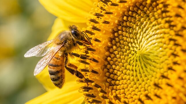Ultra-realistic macro close-up of a honey bee collecting nectar and pollen on the center of a vibrant yellow sunflower. The bee is positioned on the left side of the frame with highly detailed