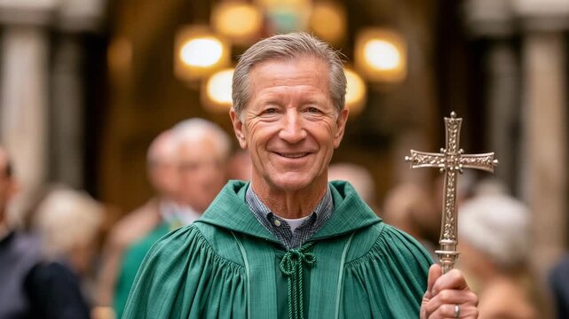 Deacon carrying a silver processional cross leading a procession